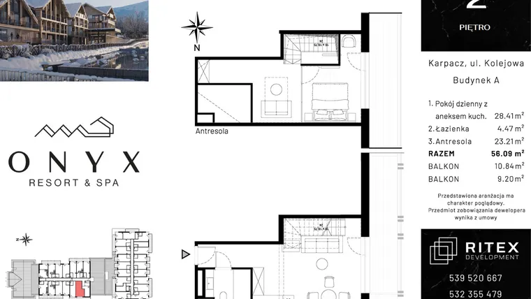 Rzut - Mieszkanie na sprzedaż 1 pokój o powierzchni 56,09 m² - numer 02.A1 w Onyx Resort & Spa