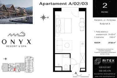 Rzut - Mieszkanie na sprzedaż 1 pokój o powierzchni 27,52 m² - numer 02.A3 w Onyx Resort & Spa