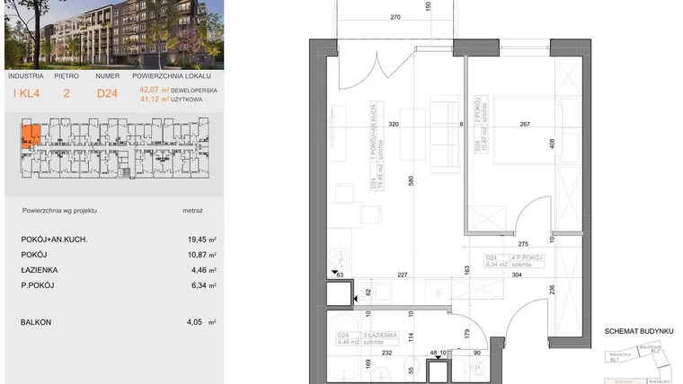 Rzut - Mieszkanie na sprzedaż 2 pokoje o powierzchni 41,12 m² - numer I-D24 w Industria etap I-D oraz I-C
