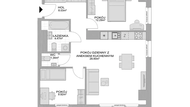 Rzut - Mieszkanie na sprzedaż 3 pokoje o powierzchni 64,95 m² - numer CP/R7/25 w Centralpark