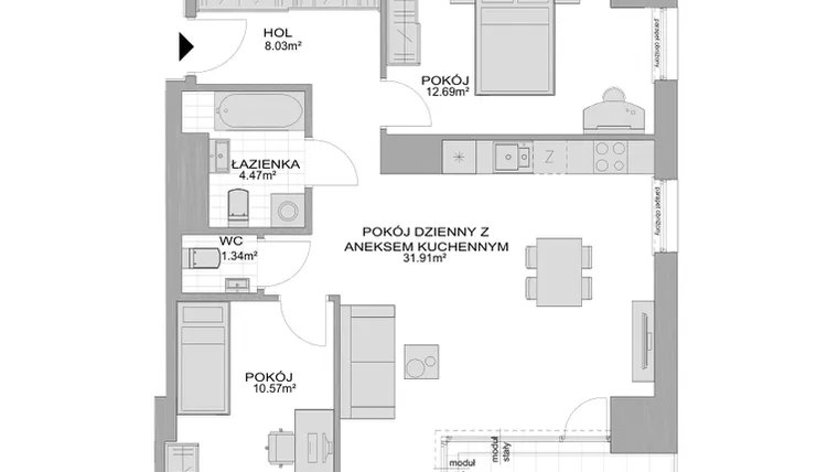 Rzut - Mieszkanie na sprzedaż 3 pokoje o powierzchni 69,01 m² - numer CP/R7/45 w Centralpark