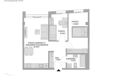 Rzut - Mieszkanie na sprzedaż 3 pokoje o powierzchni 54,57 m² - numer CP/R7/182 w Centralpark