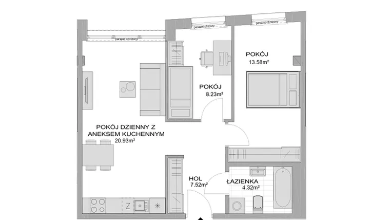 Rzut - Mieszkanie na sprzedaż 3 pokoje o powierzchni 54,57 m² - numer CP/R7/182 w Centralpark