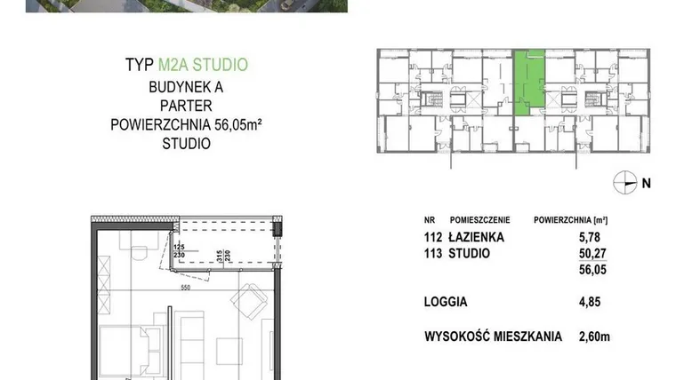 Rzut - Mieszkanie na sprzedaż 1 pokój o powierzchni 56,05 m² - numer M2A.P1 w Apartamenty Żorska