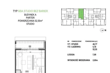 Rzut - Mieszkanie na sprzedaż 1 pokój o powierzchni 52,55 m² - numer M9A.P1 w Apartamenty Żorska