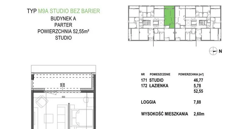 Rzut - Mieszkanie na sprzedaż 1 pokój o powierzchni 52,55 m² - numer M9A.P1 w Apartamenty Żorska