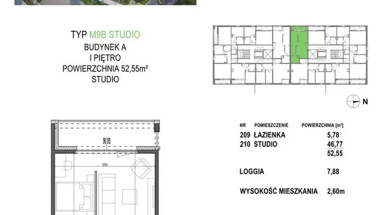 Rzut - Mieszkanie na sprzedaż 1 pokój o powierzchni 52,55 m² - numer M9B.P2 w Apartamenty Żorska