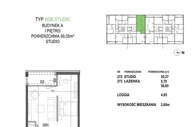 Rzut - Mieszkanie na sprzedaż 1 pokój o powierzchni 56,05 m² - numer M2B.P2 w Apartamenty Żorska