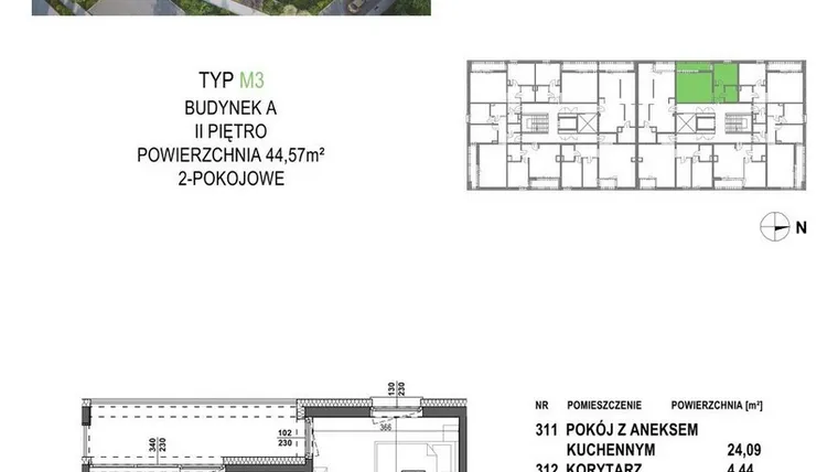 Rzut - Mieszkanie na sprzedaż 2 pokoje o powierzchni 44,57 m² - numer M3A.P3 w Apartamenty Żorska