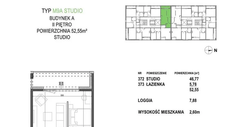 Rzut - Mieszkanie na sprzedaż 1 pokój o powierzchni 52,55 m² - numer M9A.P3 w Apartamenty Żorska