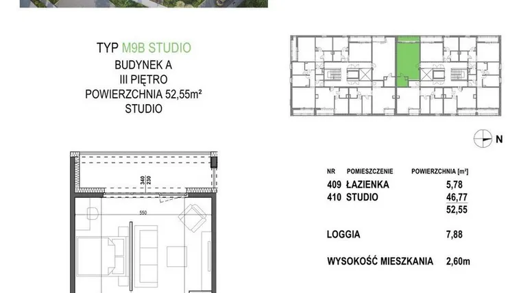 Rzut - Mieszkanie na sprzedaż 1 pokój o powierzchni 52,55 m² - numer M9B.P4 w Apartamenty Żorska