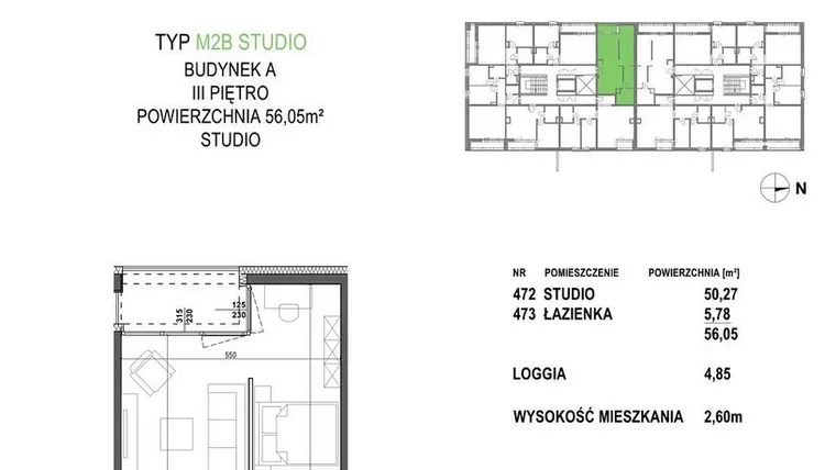 Rzut - Mieszkanie na sprzedaż 1 pokój o powierzchni 56,05 m² - numer M2B.P4 w Apartamenty Żorska