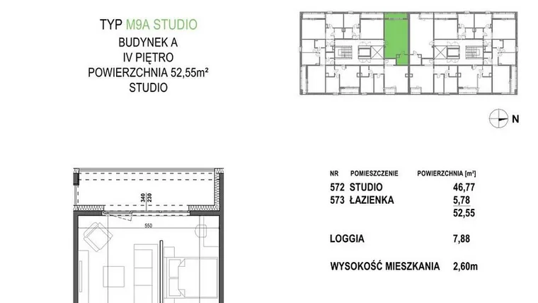 Rzut - Mieszkanie na sprzedaż 1 pokój o powierzchni 52,55 m² - numer M9A.P5 w Apartamenty Żorska