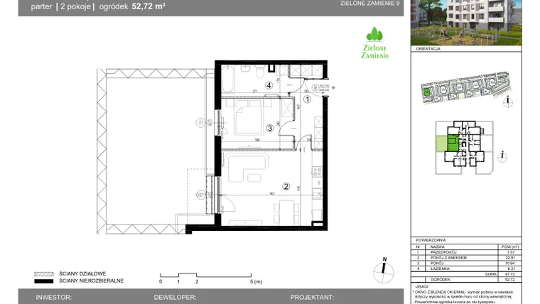 Rzut - Mieszkanie na sprzedaż 2 pokoje o powierzchni 47,73 m² - numer 1G.3 w Zielone Zamienie IX