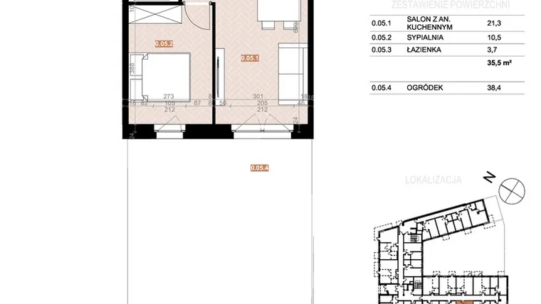 Rzut - Mieszkanie na sprzedaż 2 pokoje o powierzchni 35,5 m² - numer 05 w Szczecińska 20