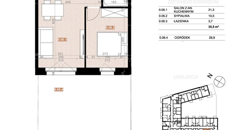 Rzut - Mieszkanie na sprzedaż 2 pokoje o powierzchni 35,5 m² - numer 06 w Szczecińska 20