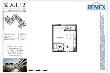 Rzut - Mieszkanie na sprzedaż 1 pokój o powierzchni 35,62 m² - numer A.1.12 w Osiedle BALTICA