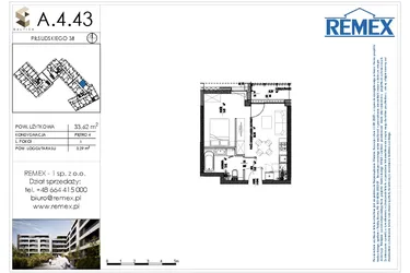 Rzut - Mieszkanie na sprzedaż 1 pokój o powierzchni 33,43 m² - numer A.4.43 w Osiedle BALTICA