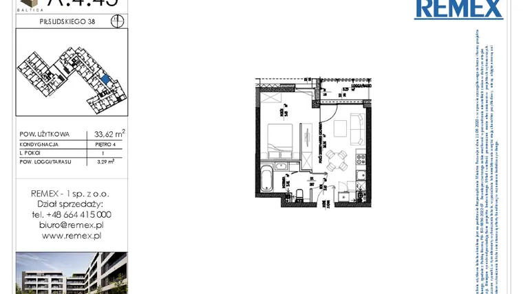 Rzut - Mieszkanie na sprzedaż 1 pokój o powierzchni 33,43 m² - numer A.4.43 w Osiedle BALTICA