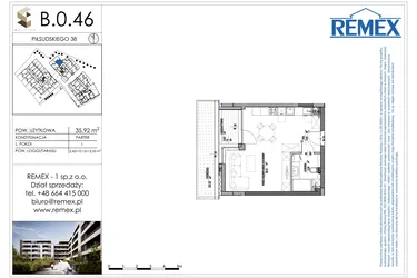 Rzut - Mieszkanie na sprzedaż 1 pokój o powierzchni 35,88 m² - numer B.0.46 w Osiedle BALTICA