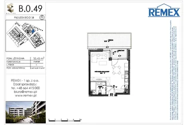 Rzut - Mieszkanie na sprzedaż 1 pokój o powierzchni 35,37 m² - numer B.0.49 w Osiedle BALTICA
