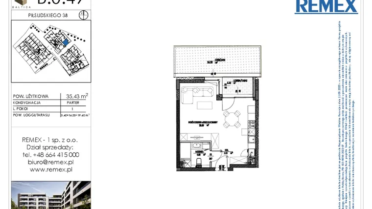 Rzut - Mieszkanie na sprzedaż 1 pokój o powierzchni 35,37 m² - numer B.0.49 w Osiedle BALTICA
