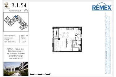 Rzut - Mieszkanie na sprzedaż 1 pokój o powierzchni 35,8 m² - numer B.1.54 w Osiedle BALTICA