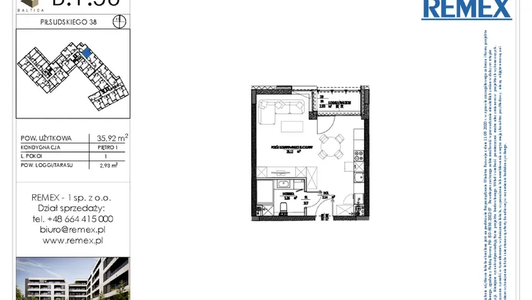 Rzut - Mieszkanie na sprzedaż 1 pokój o powierzchni 35,78 m² - numer B.1.56 w Osiedle BALTICA