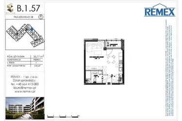 Rzut - Mieszkanie na sprzedaż 1 pokój o powierzchni 35,54 m² - numer B.1.57 w Osiedle BALTICA