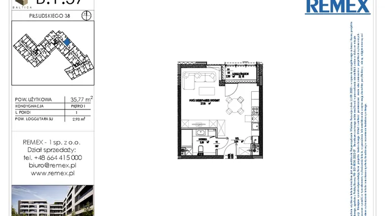 Rzut - Mieszkanie na sprzedaż 1 pokój o powierzchni 35,54 m² - numer B.1.57 w Osiedle BALTICA