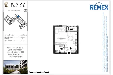 Rzut - Mieszkanie na sprzedaż 1 pokój o powierzchni 35,85 m² - numer B.2.66 w Osiedle BALTICA