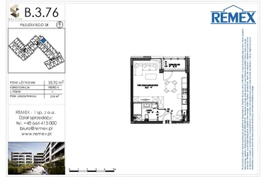 Rzut - Mieszkanie na sprzedaż 1 pokój o powierzchni 35,79 m² - numer B.3.76 w Osiedle BALTICA