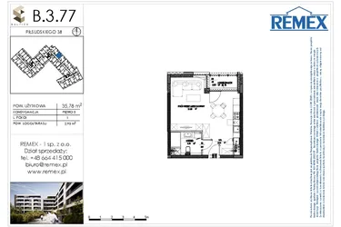 Rzut - Mieszkanie na sprzedaż 1 pokój o powierzchni 35,61 m² - numer B.3.77 w Osiedle BALTICA