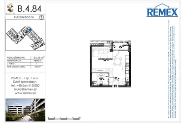 Rzut - Mieszkanie na sprzedaż 1 pokój o powierzchni 34,55 m² - numer B.4.84 w Osiedle BALTICA