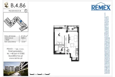 Rzut - Mieszkanie na sprzedaż 1 pokój o powierzchni 37,32 m² - numer B.4.86 w Osiedle BALTICA