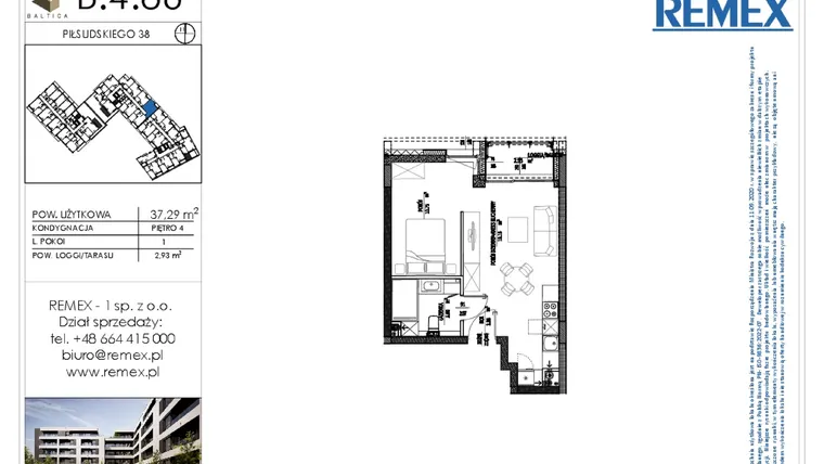 Rzut - Mieszkanie na sprzedaż 1 pokój o powierzchni 37,32 m² - numer B.4.86 w Osiedle BALTICA