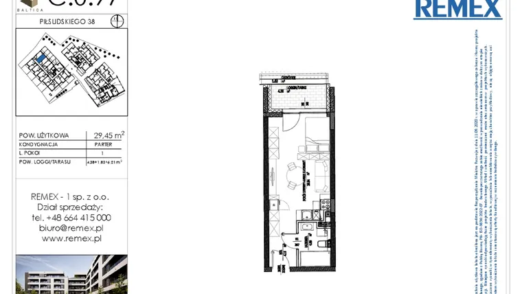 Rzut - Mieszkanie na sprzedaż 1 pokój o powierzchni 29,29 m² - numer C.0.97 w Osiedle BALTICA
