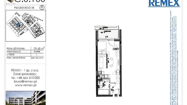 Rzut - Mieszkanie na sprzedaż 1 pokój o powierzchni 29,33 m² - numer C.0.100 w Osiedle BALTICA