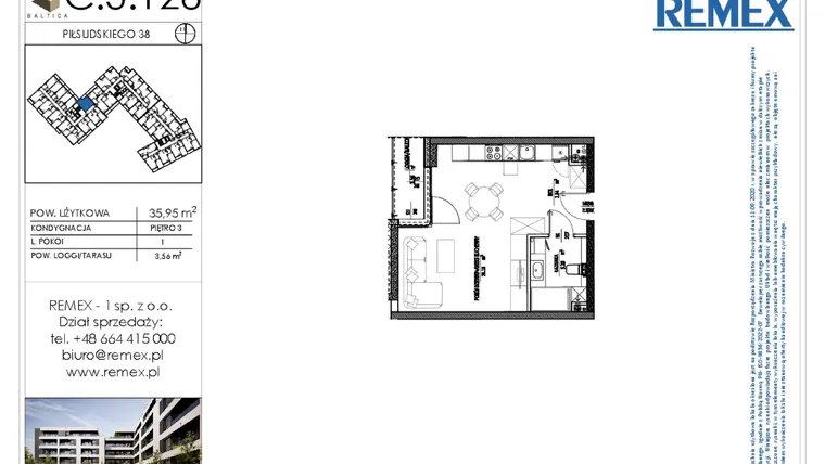 Rzut - Mieszkanie na sprzedaż 1 pokój o powierzchni 35,65 m² - numer C.3.128 w Osiedle BALTICA