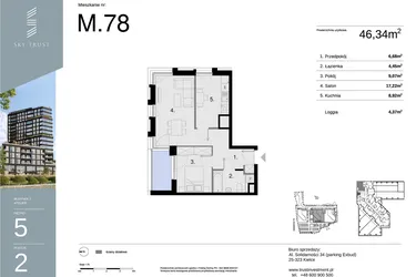 Rzut - Mieszkanie na sprzedaż 2 pokoje o powierzchni 46,34 m² - numer M78 w Sky Trust etap II