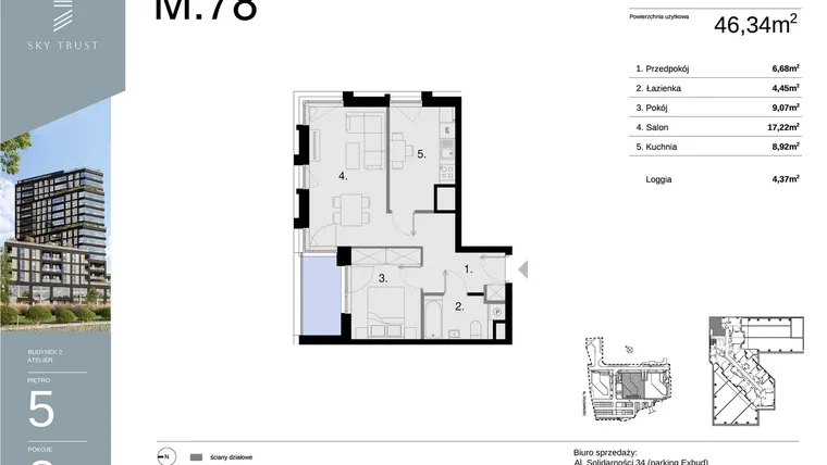 Rzut - Mieszkanie na sprzedaż 2 pokoje o powierzchni 46,34 m² - numer M78 w Sky Trust etap II