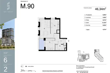 Rzut - Mieszkanie na sprzedaż 2 pokoje o powierzchni 46,34 m² - numer M90 w Sky Trust etap II