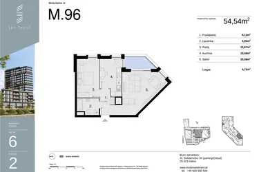 Rzut - Mieszkanie na sprzedaż 2 pokoje o powierzchni 54,54 m² - numer M96 w Sky Trust etap II