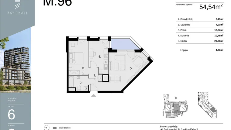 Rzut - Mieszkanie na sprzedaż 2 pokoje o powierzchni 54,54 m² - numer M96 w Sky Trust etap II