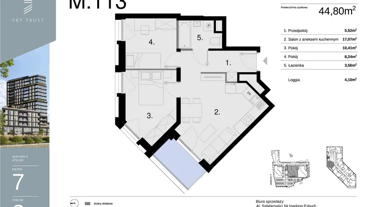 Rzut - Mieszkanie na sprzedaż 3 pokoje o powierzchni 44,8 m² - numer M113 w Sky Trust etap II
