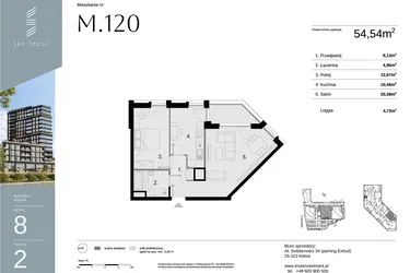 Rzut - Mieszkanie na sprzedaż 2 pokoje o powierzchni 54,54 m² - numer M120 w Sky Trust etap II