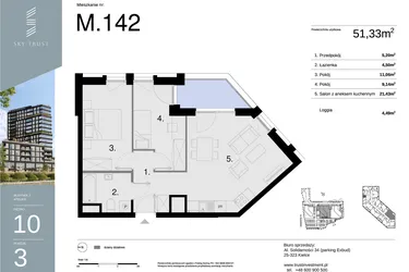 Rzut - Mieszkanie na sprzedaż 3 pokoje o powierzchni 51,33 m² - numer M142 w Sky Trust etap II