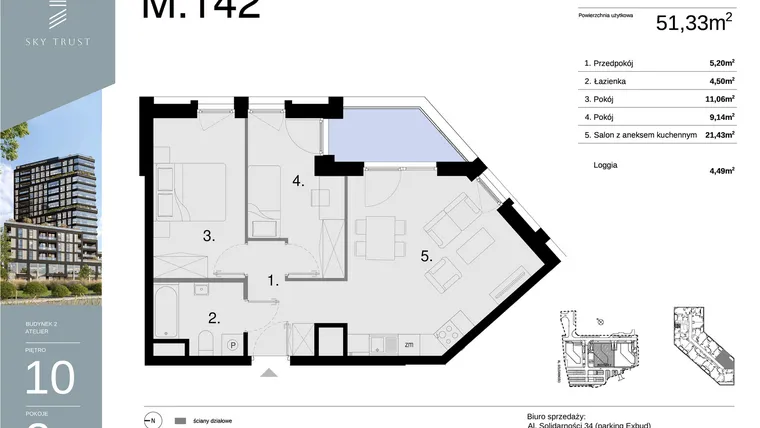 Rzut - Mieszkanie na sprzedaż 3 pokoje o powierzchni 51,33 m² - numer M142 w Sky Trust etap II