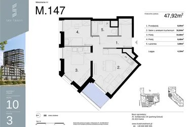 Rzut - Mieszkanie na sprzedaż 3 pokoje o powierzchni 47,92 m² - numer M147 w Sky Trust etap II