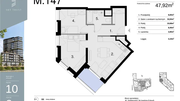 Rzut - Mieszkanie na sprzedaż 3 pokoje o powierzchni 47,92 m² - numer M147 w Sky Trust etap II